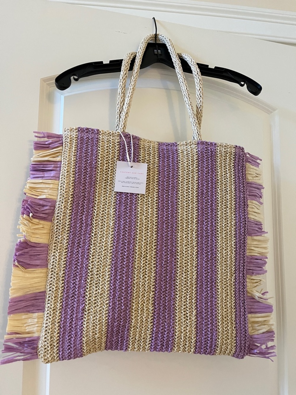 Rosebud Lavender and Cream Striped Fringe Tote with lining and zipper pocket